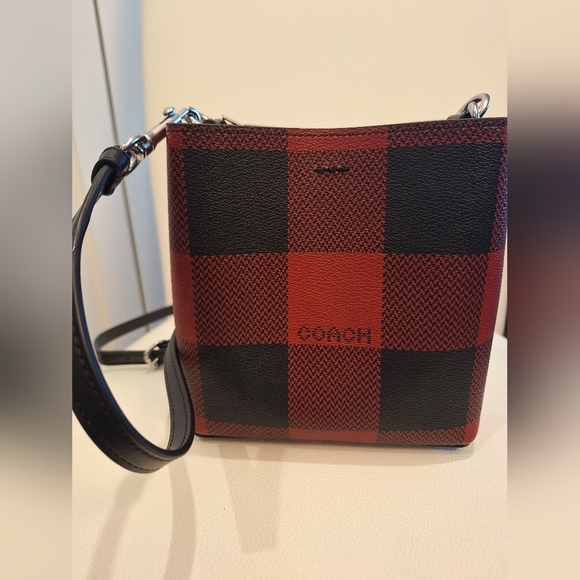 NWOT Coach Red & Black Plaid Mini Town Bucket Bag w/ Crossbody - Picture 2 of 4
